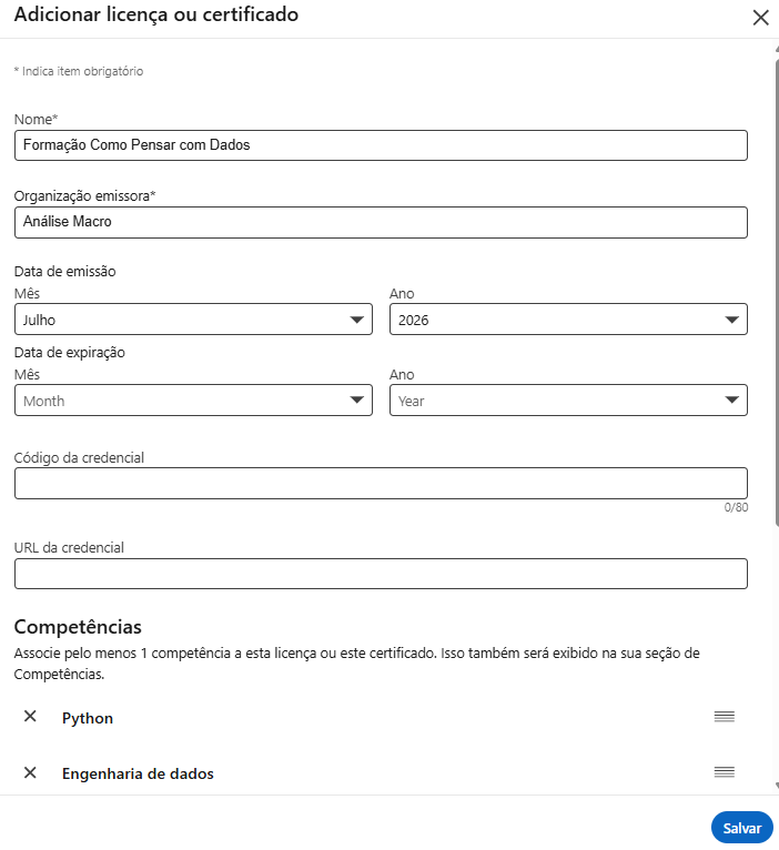 Formulário do LinkedIn 'Adicionar licença ou certificado' com Nome, Organização emissora e Data de emissão preenchidos
