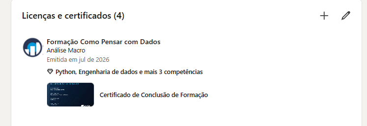 Seção 'Licenças e certificados' do perfil do LinkedIn exibindo o certificado, com competências e o arquivo anexado